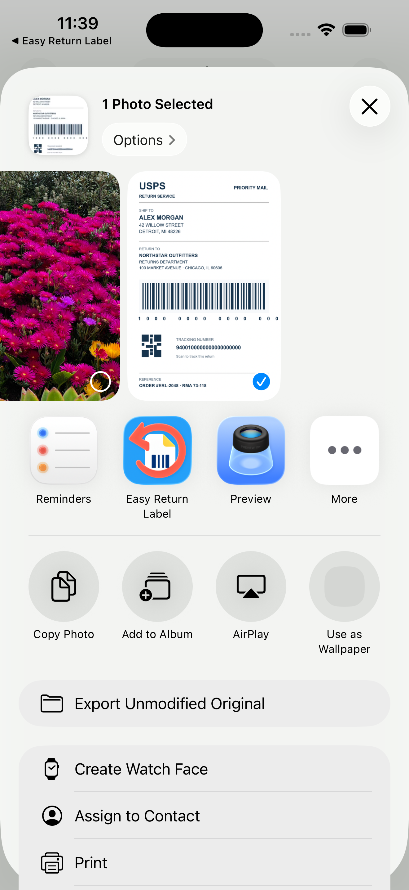Share Sheet Easy Return Label app screen