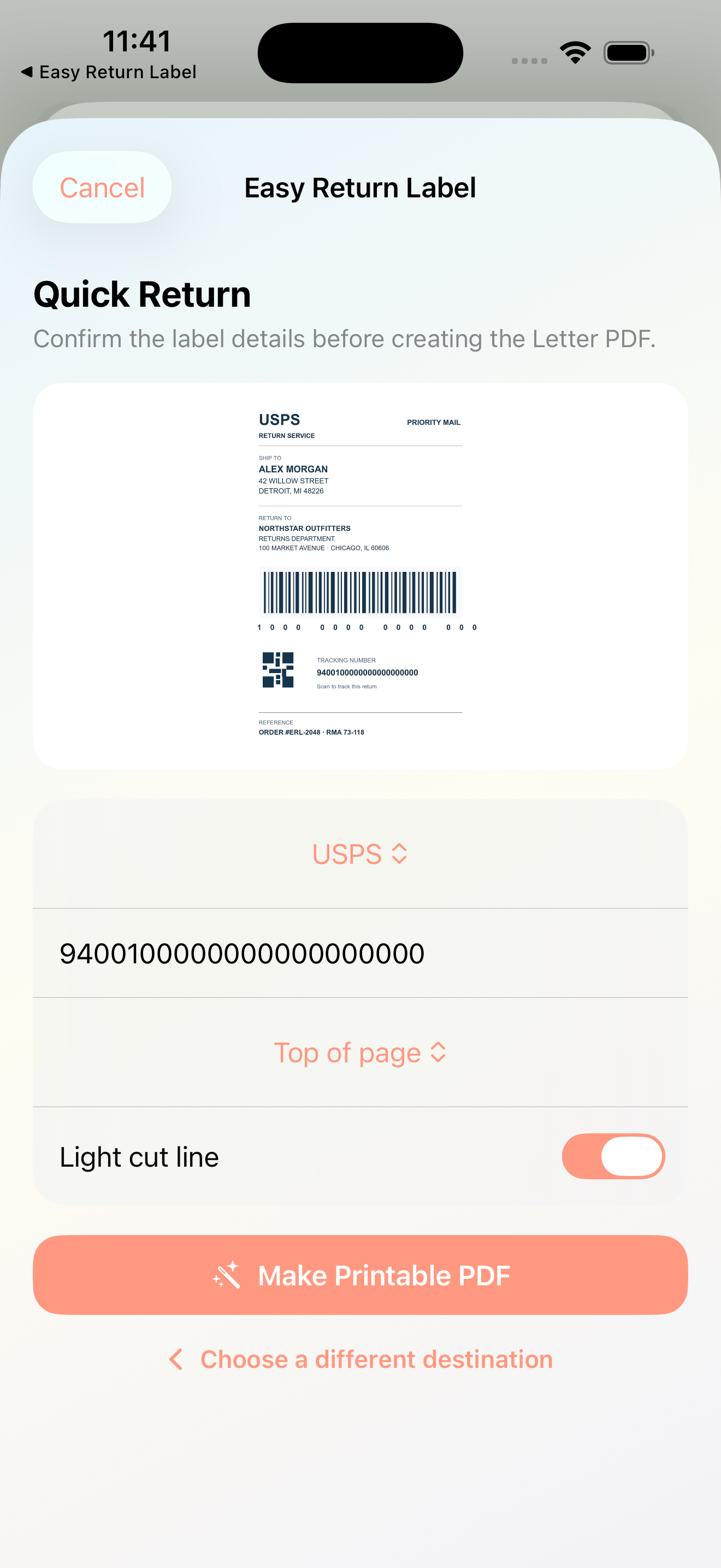 Smart Detection Easy Return Label app screen