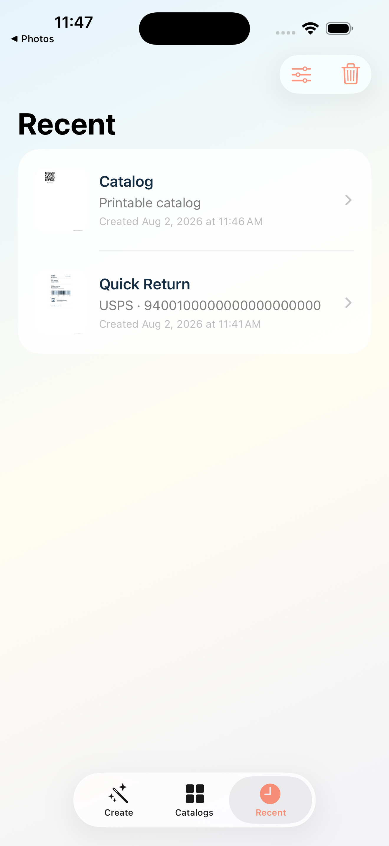 Recent PDFs Easy Return Label app screen